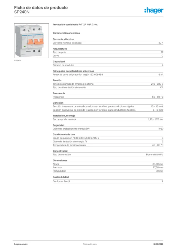 Imagen Hager Ficha de datos de producto SP240N | Hager España