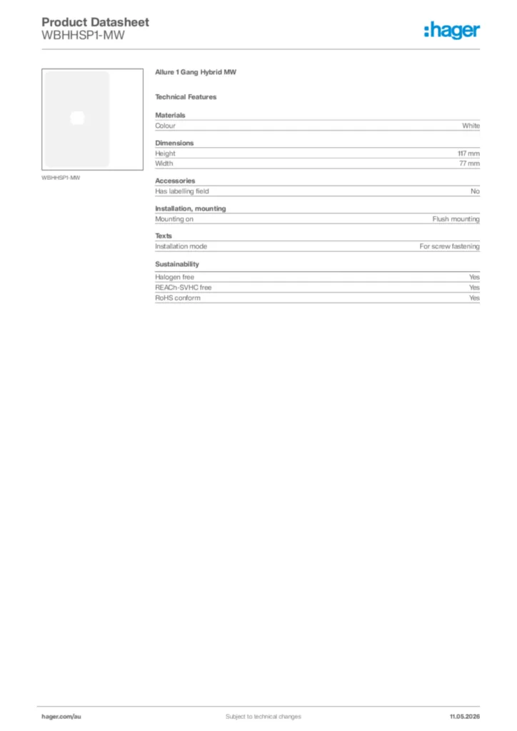 Image Hager Product data sheet WBHHSP1-MW  | Hager Australia