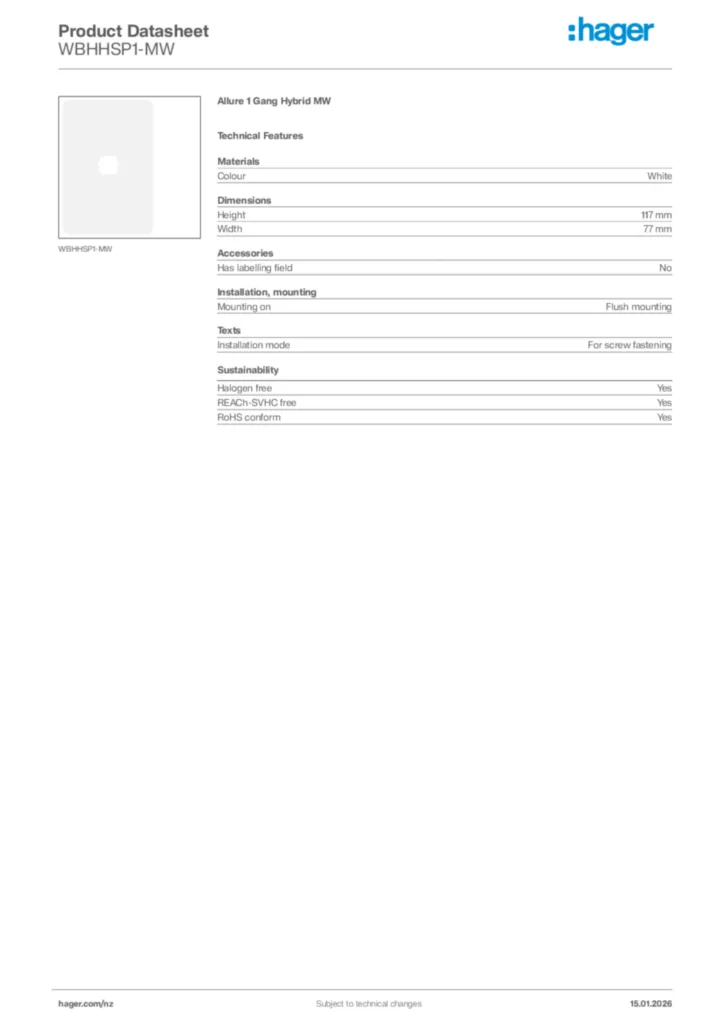 Image Hager Product data sheet WBHHSP1-MW  | Hager New Zealand
