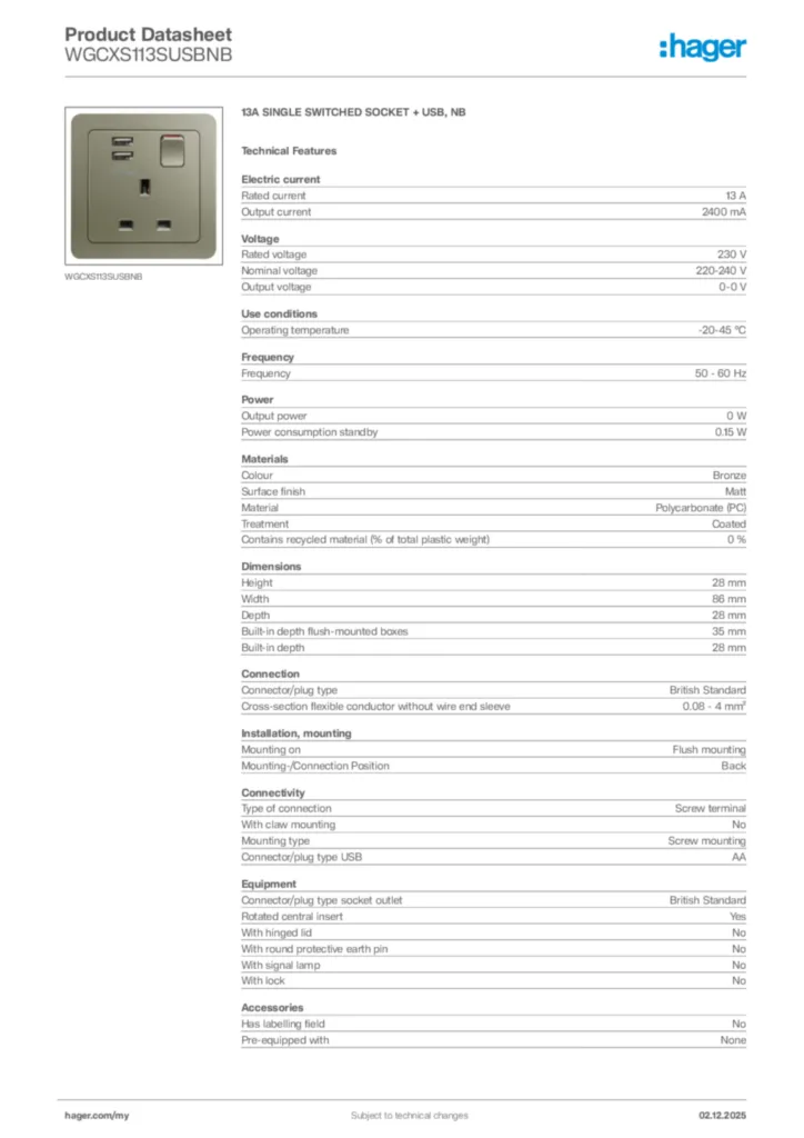 Image Hager Product data sheet WGCXS113SUSBNB  | Hager