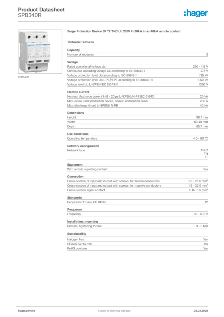 Image Hager Product data sheet SPB340R  | Hager New Zealand