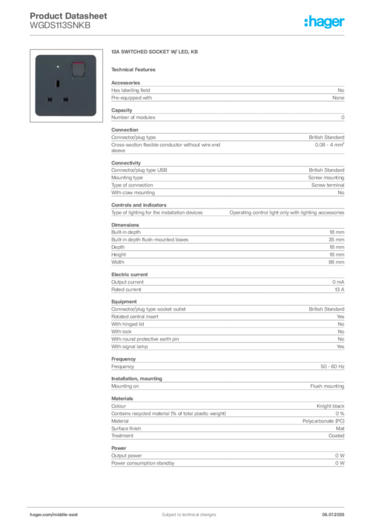 Image Hager Product data sheet WGDS113SNKB  | Hager