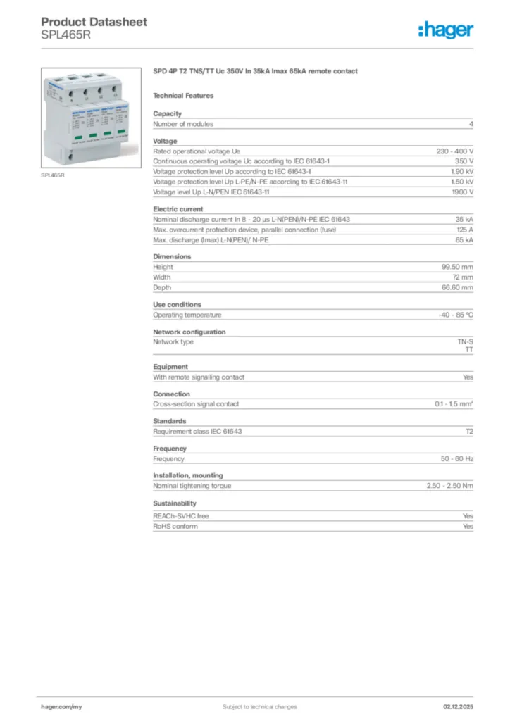 Image Hager Product data sheet SPL465R  | Hager