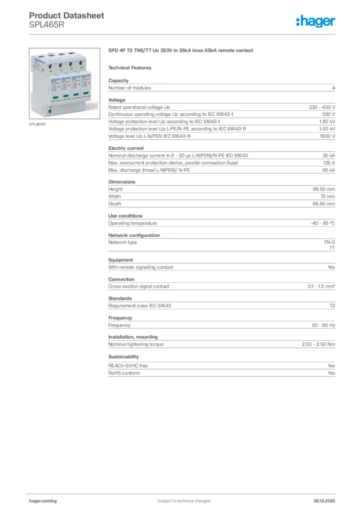 Image Hager Product data sheet SPL465R  | Hager