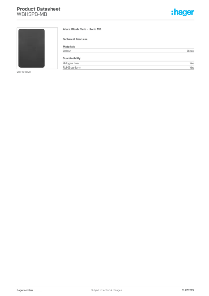 Image Hager Product data sheet WBHSPB-MB  | Hager Australia