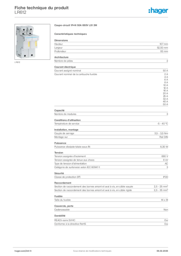 Image Hager Fiche technique du produit LR612 | Hager Afrique