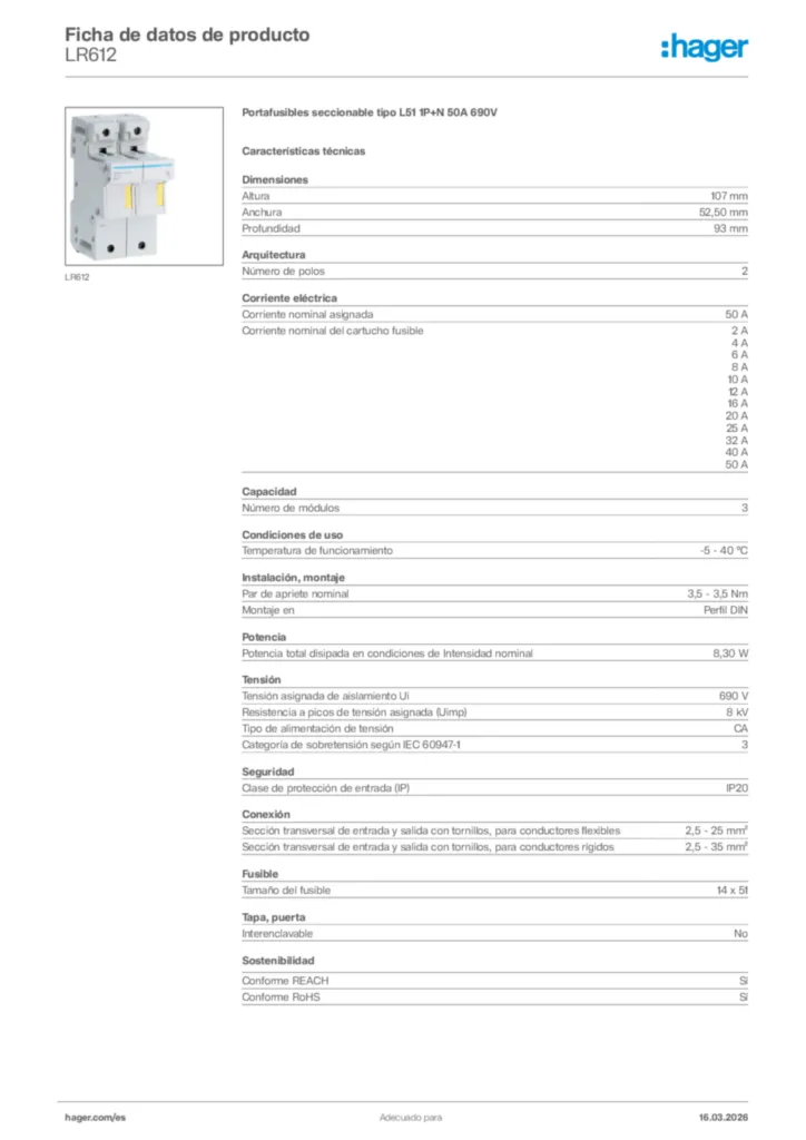 Imagen Hager Ficha de datos de producto LR612 | Hager España