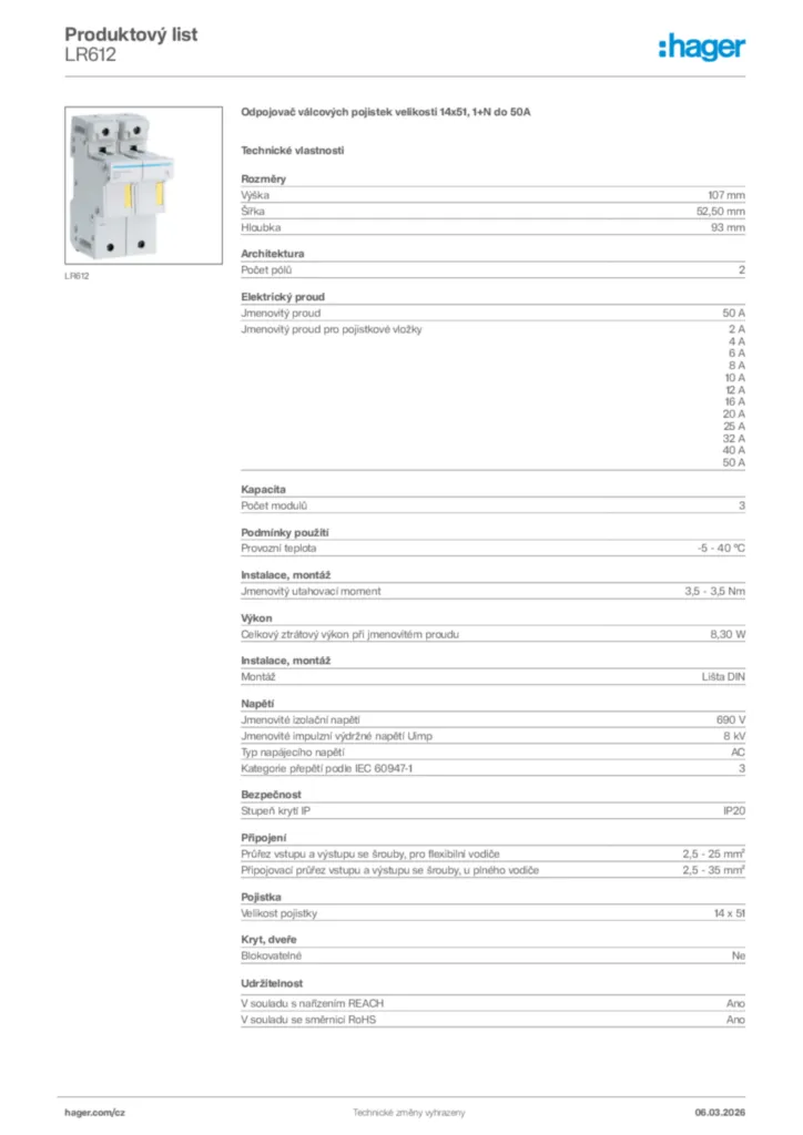 Obrázek Hager Product data sheet LR612 | Hager