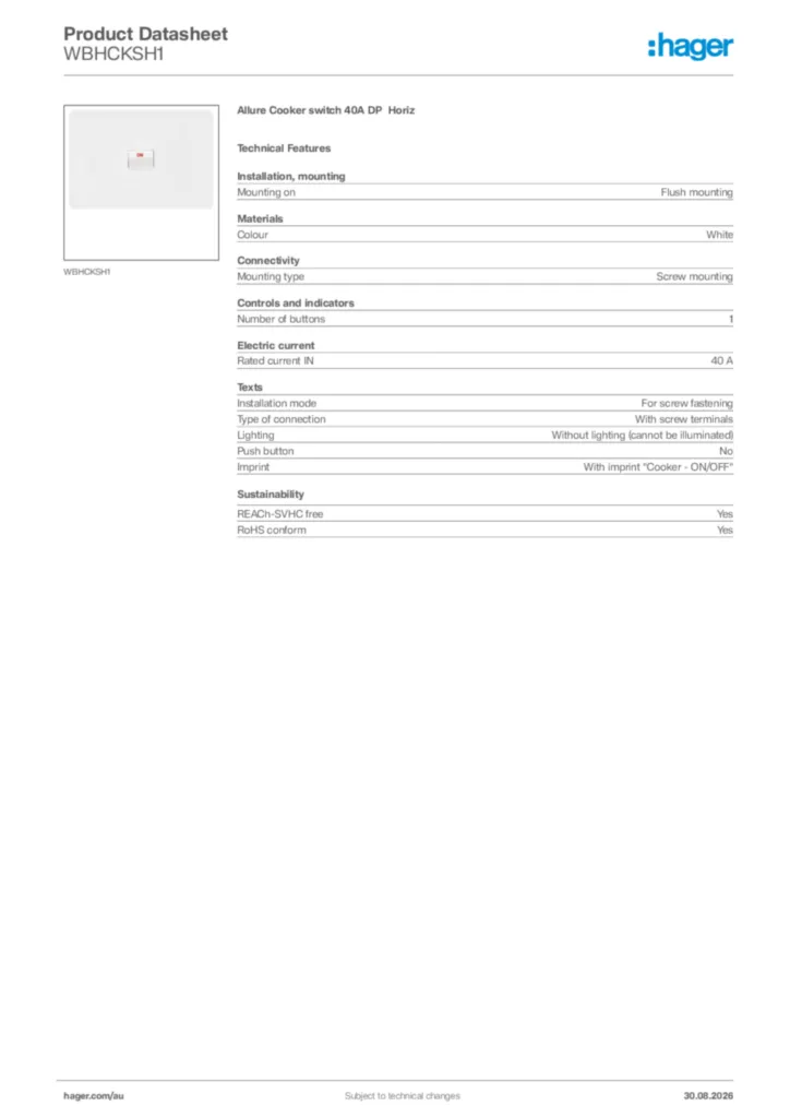 Image Hager Product data sheet WBHCKSH1  | Hager Australia