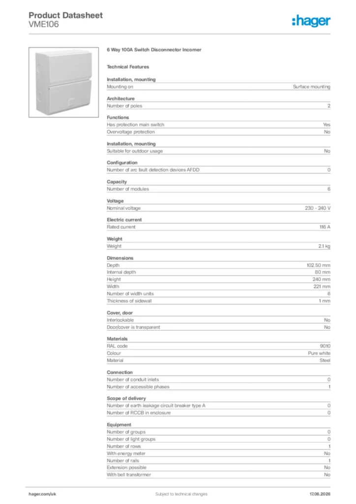 Image Hager Product data sheet VME106  | Hager