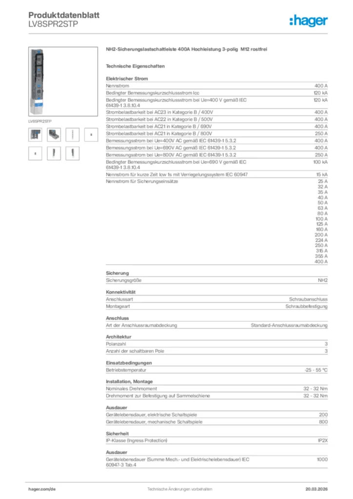 Bild Hager Produktdatenblatt LV8SPR2STP | Hager Deutschland