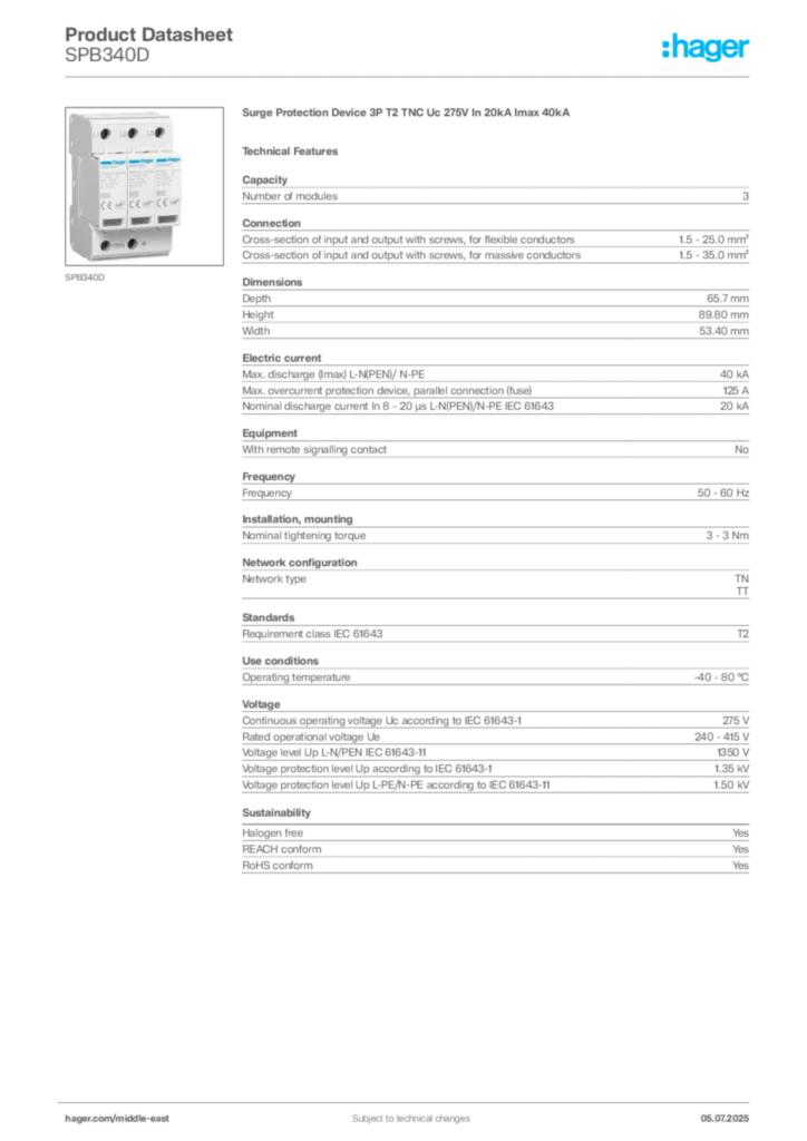 Image Hager Product data sheet SPB340D  | Hager