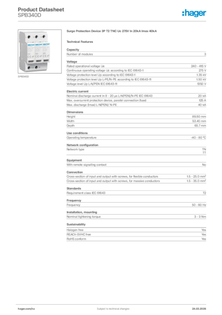Image Hager Product data sheet SPB340D  | Hager New Zealand