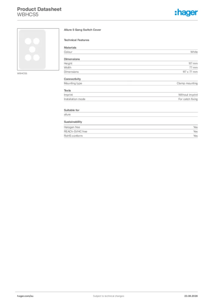 Image Hager Product data sheet WBHCS5  | Hager Australia