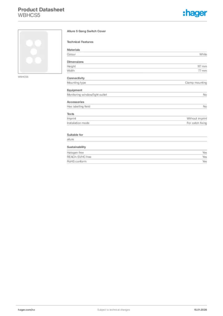 Image Hager Product data sheet WBHCS5  | Hager New Zealand