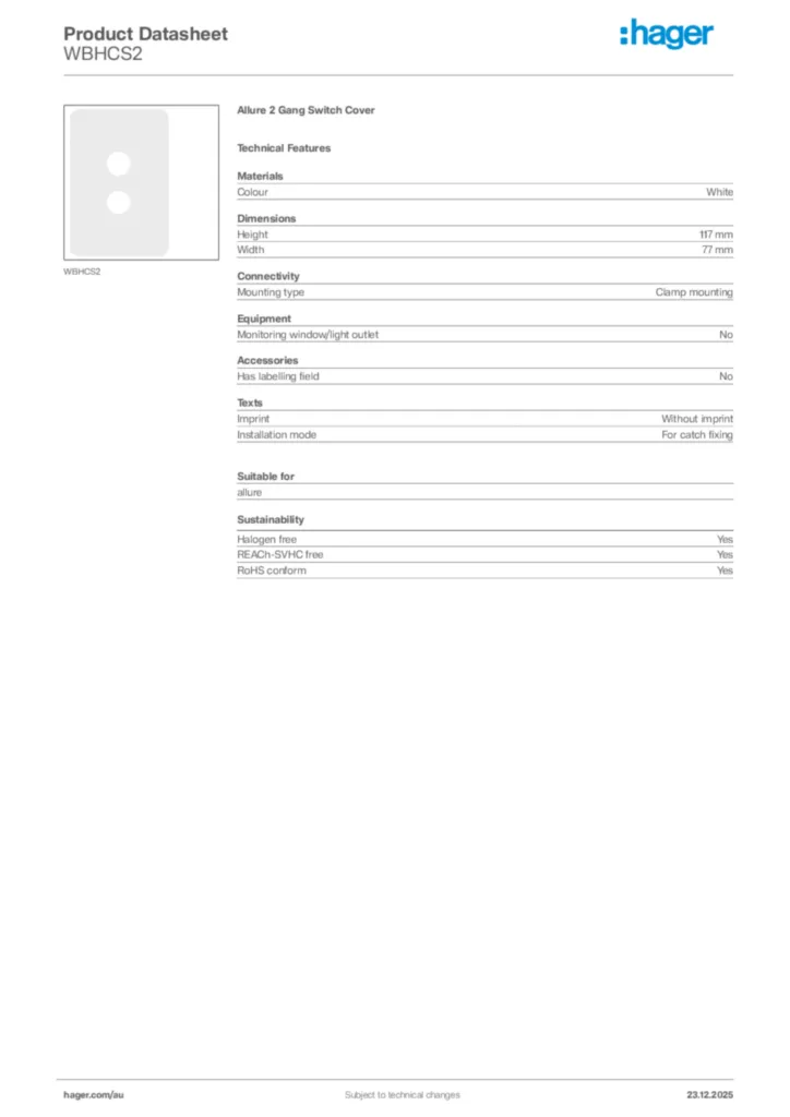 Image Hager Product data sheet WBHCS2  | Hager Australia