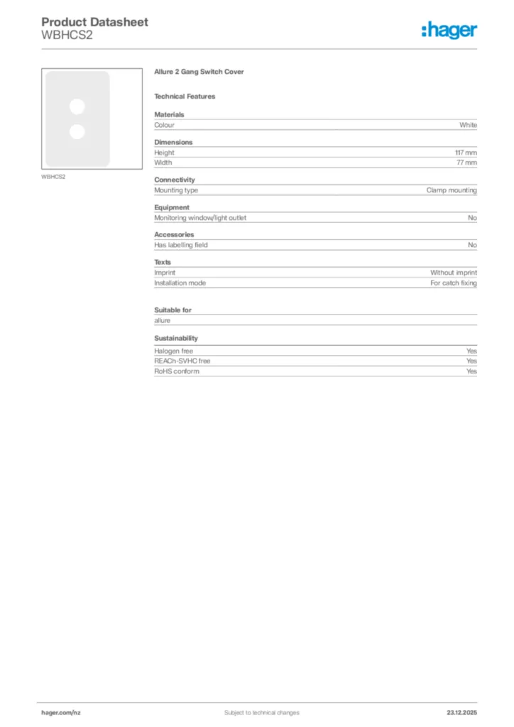 Image Hager Product data sheet WBHCS2  | Hager New Zealand