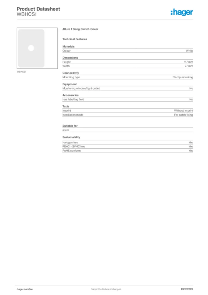 Image Hager Product data sheet WBHCS1  | Hager Australia