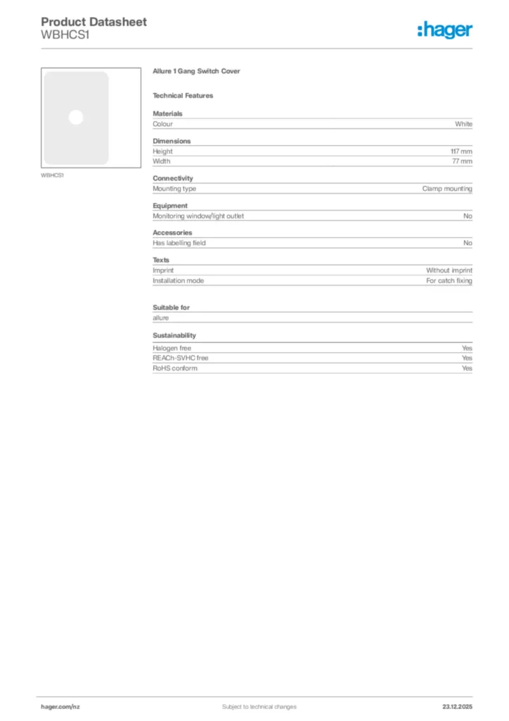 Image Hager Product data sheet WBHCS1  | Hager New Zealand
