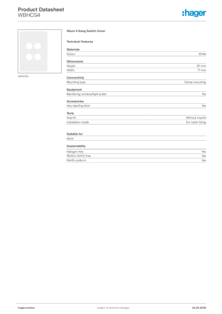 Image Hager Product data sheet WBHCS4  | Hager New Zealand