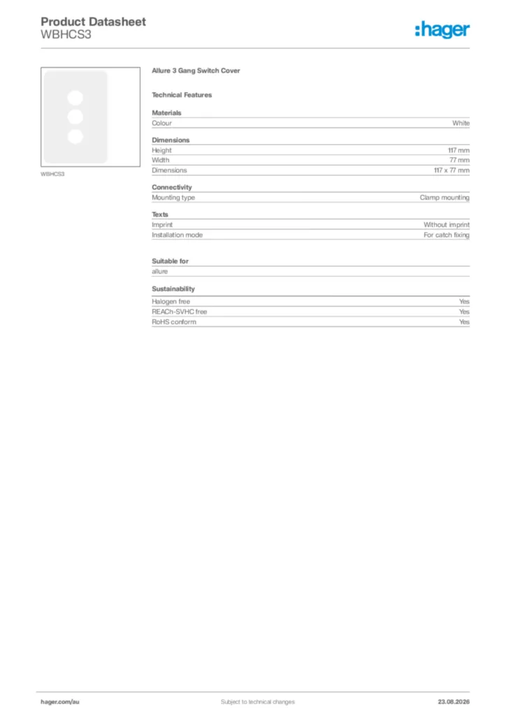 Image Hager Product data sheet WBHCS3  | Hager Australia