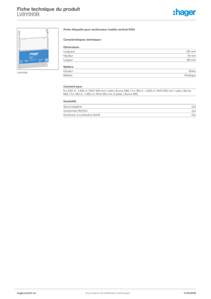 Image Hager Fiche technique du produit LV8Y910B | Hager Suisse