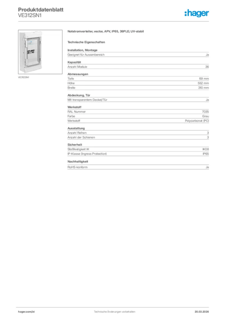 Bild Hager Produktdatenblatt VE312SN1 | Hager Deutschland