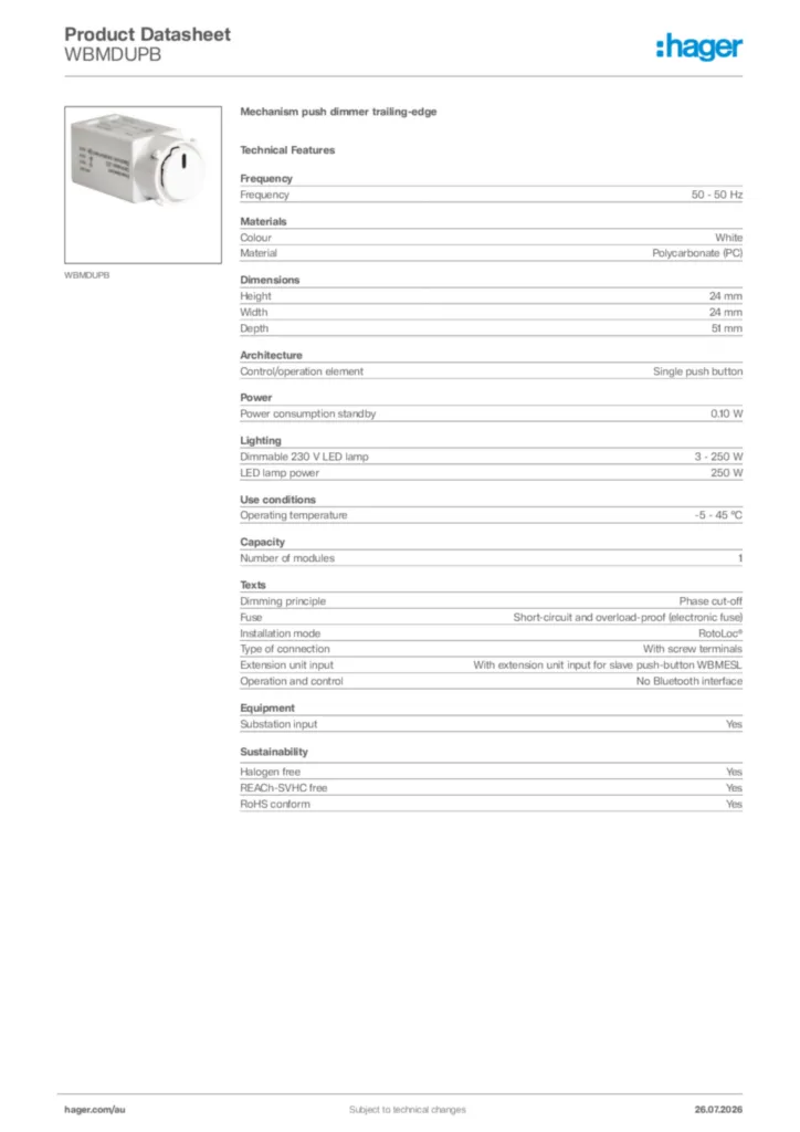 Image Hager Product data sheet WBMDUPB  | Hager Australia