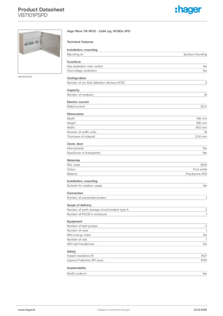 Image Hager Product data sheet VB7101PSPD  | Hager