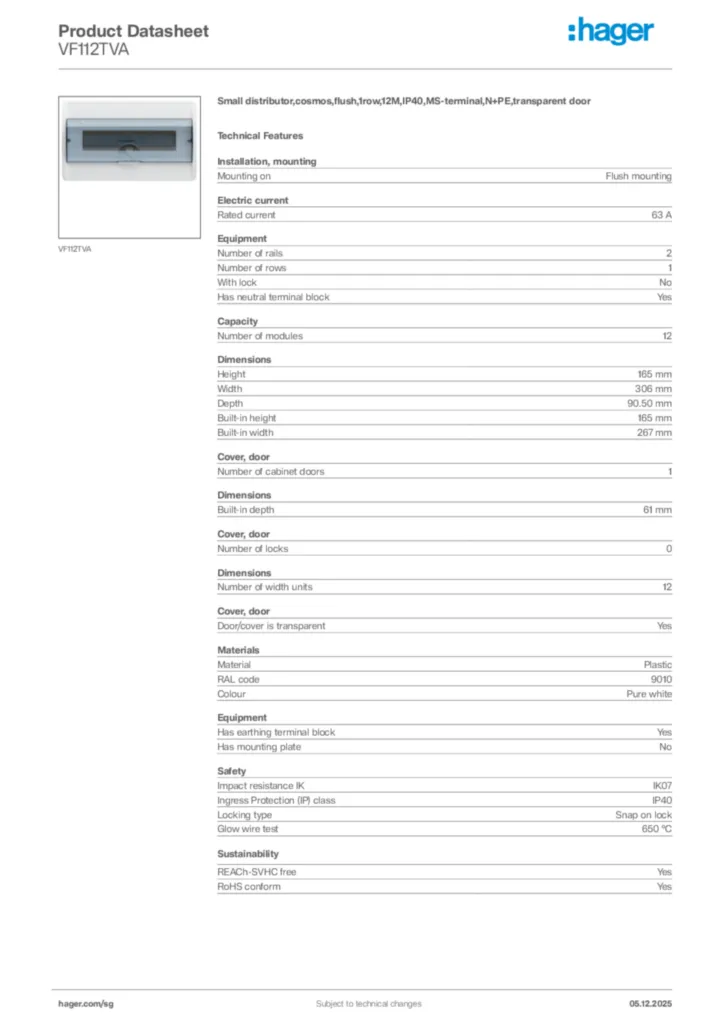 Image Hager Product data sheet VF112TVA  | Hager
