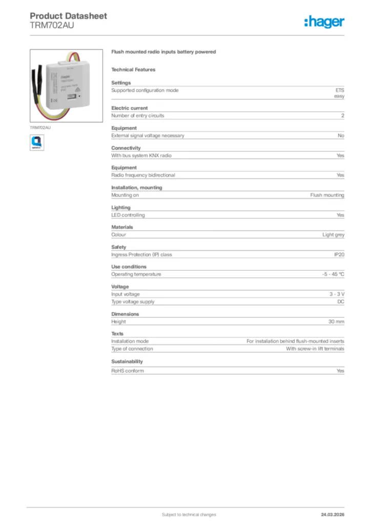 Image Hager Product data sheet TRM702AU  | Hager Africa