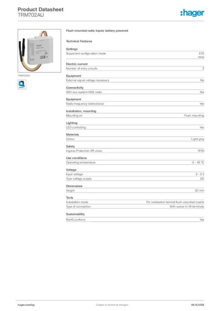 Image Hager Product data sheet TRM702AU  | Hager