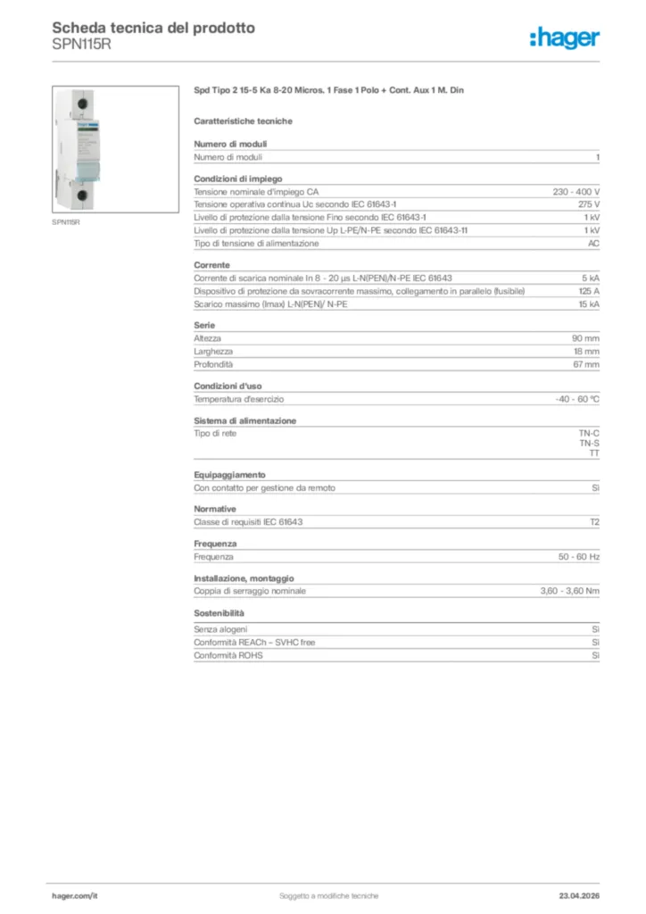 Immagine Hager Scheda tecnica del prodotto SPN115R | Hager Italia