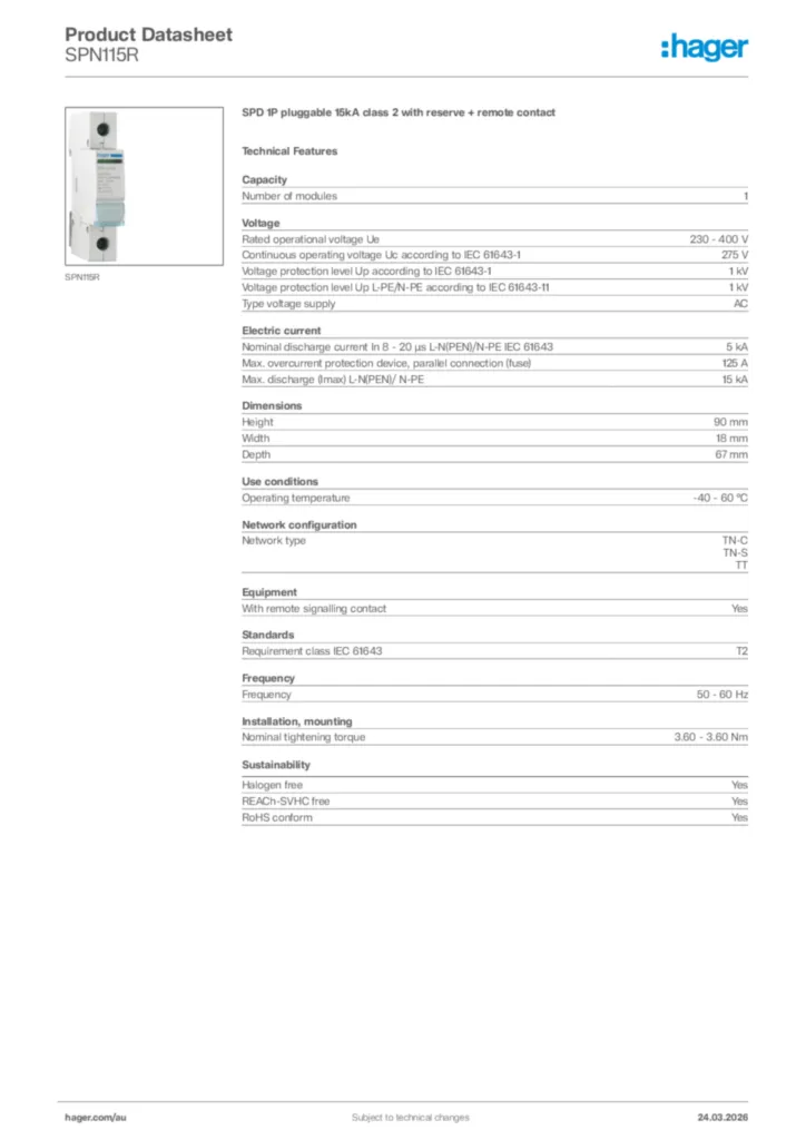 Image Hager Product data sheet SPN115R  | Hager Australia