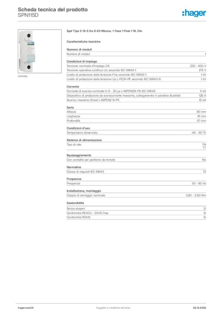 Immagine Hager Scheda tecnica del prodotto SPN115D | Hager Italia