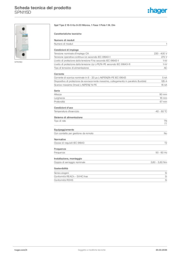 Immagine Hager Scheda tecnica del prodotto SPN115D | Hager Italia