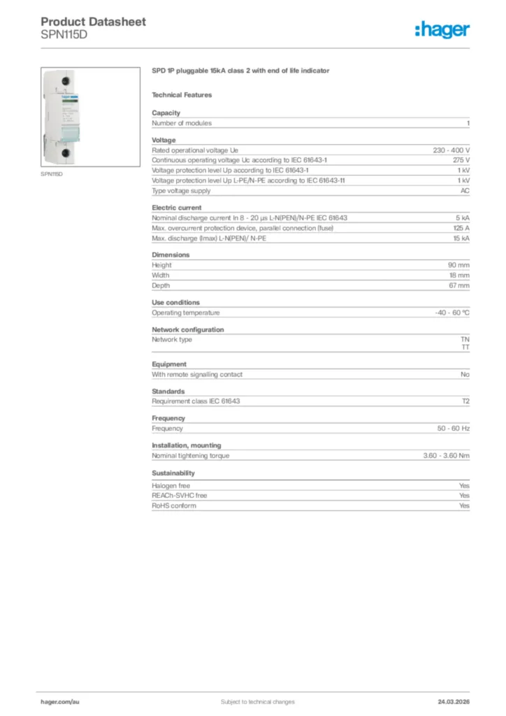 Image Hager Product data sheet SPN115D  | Hager Australia