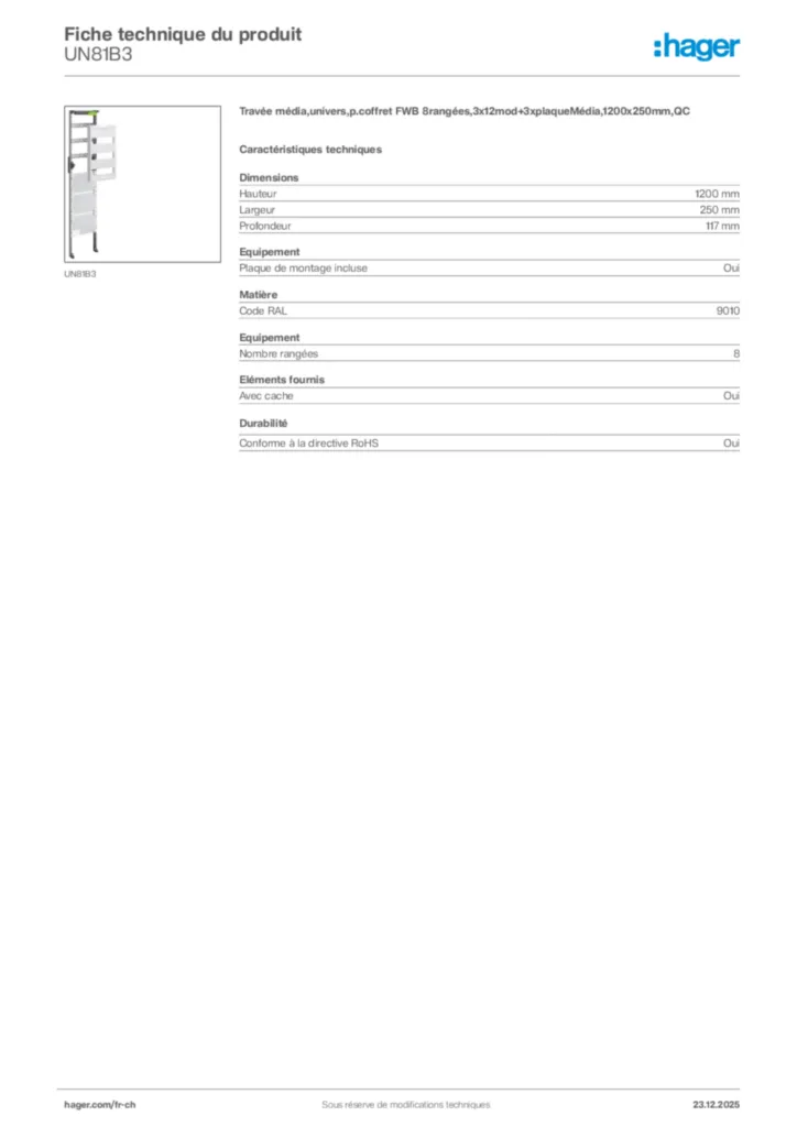 Image Hager Fiche technique du produit UN81B3 | Hager Suisse