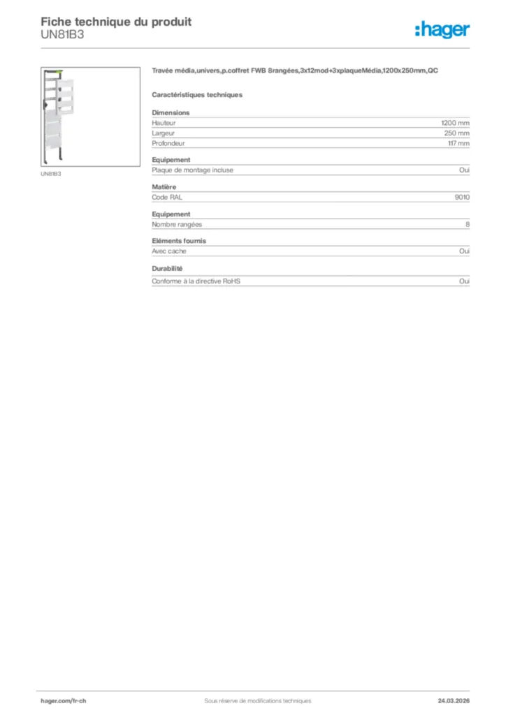 Image Hager Fiche technique du produit UN81B3 | Hager Suisse