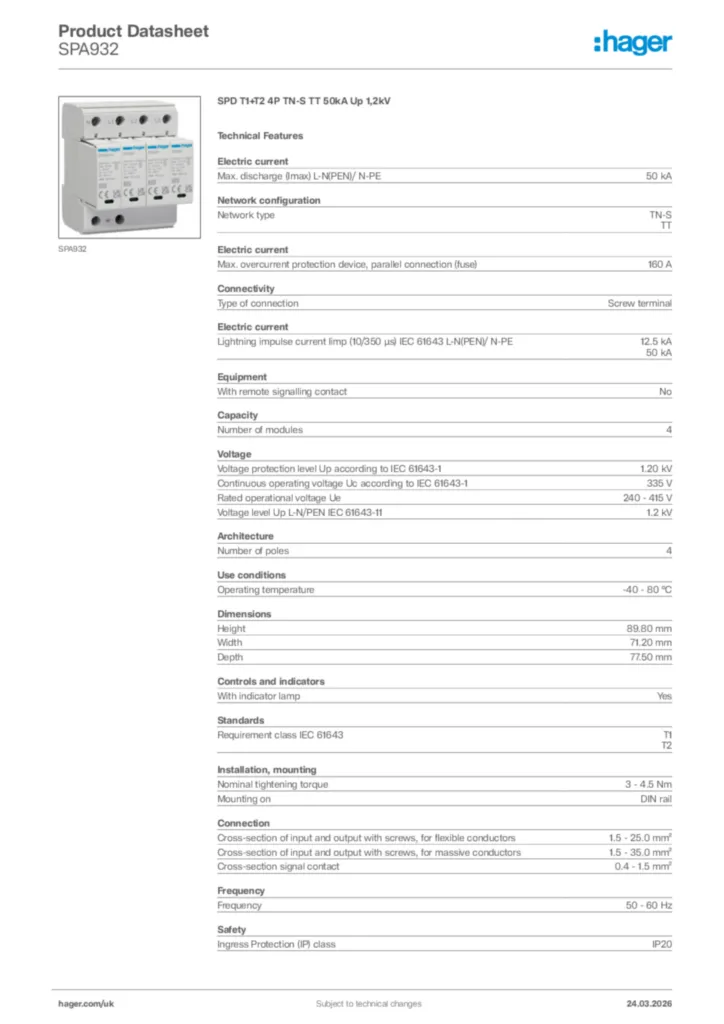 Image Hager Product data sheet SPA932  | Hager