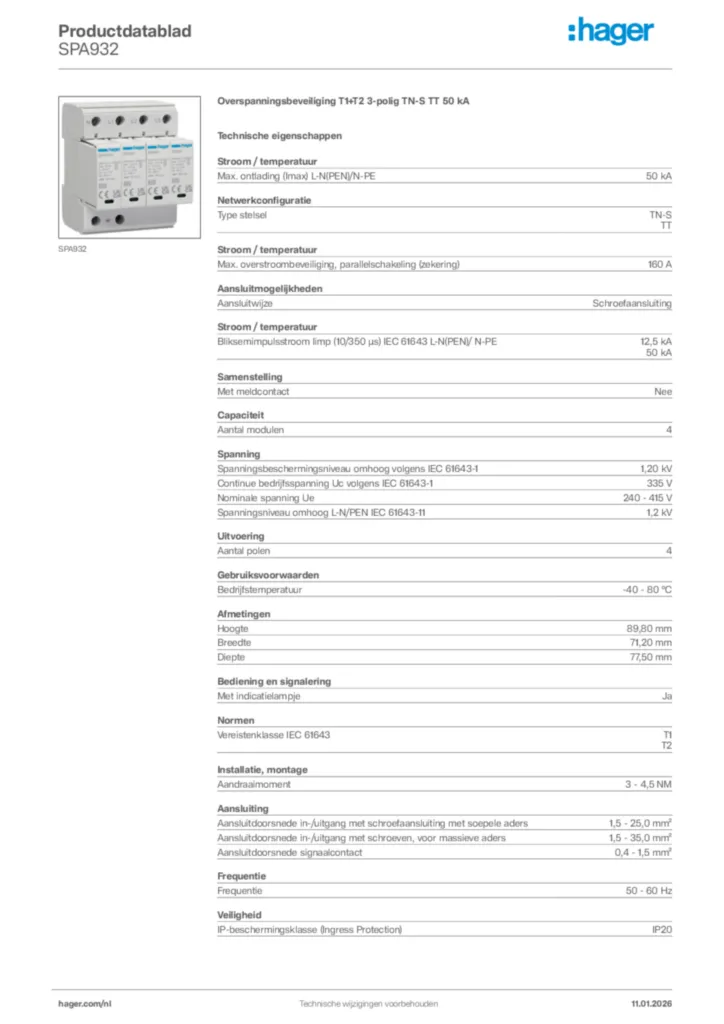 Afbeelding Hager Productdatablad SPA932 | Hager Nederland
