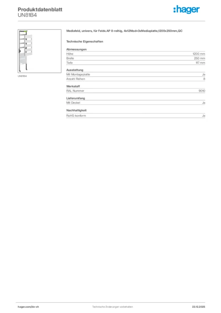 Bild Hager Produktdatenblatt UN81B4 | Hager Schweiz