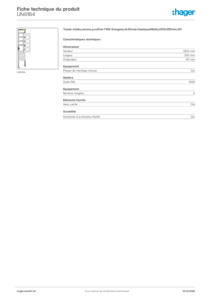 Image Hager Fiche technique du produit UN81B4 | Hager Suisse