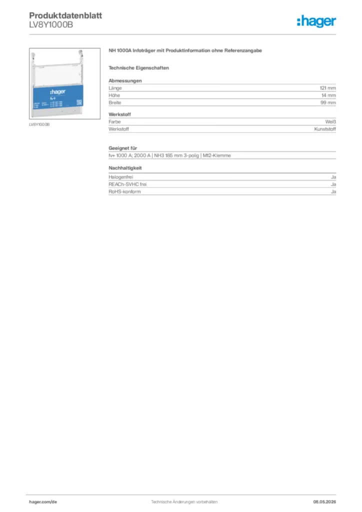Bild Hager Produktdatenblatt LV8Y1000B | Hager Deutschland