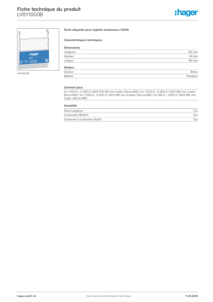 Image Hager Fiche technique du produit LV8Y1000B | Hager Suisse