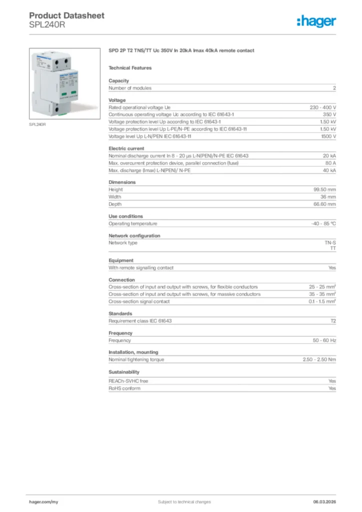 Image Hager Product data sheet SPL240R  | Hager
