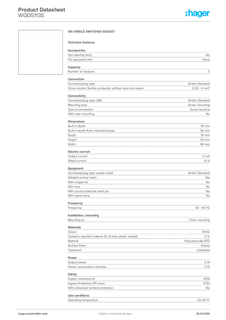 Image Hager Product data sheet WGDS113S  | Hager