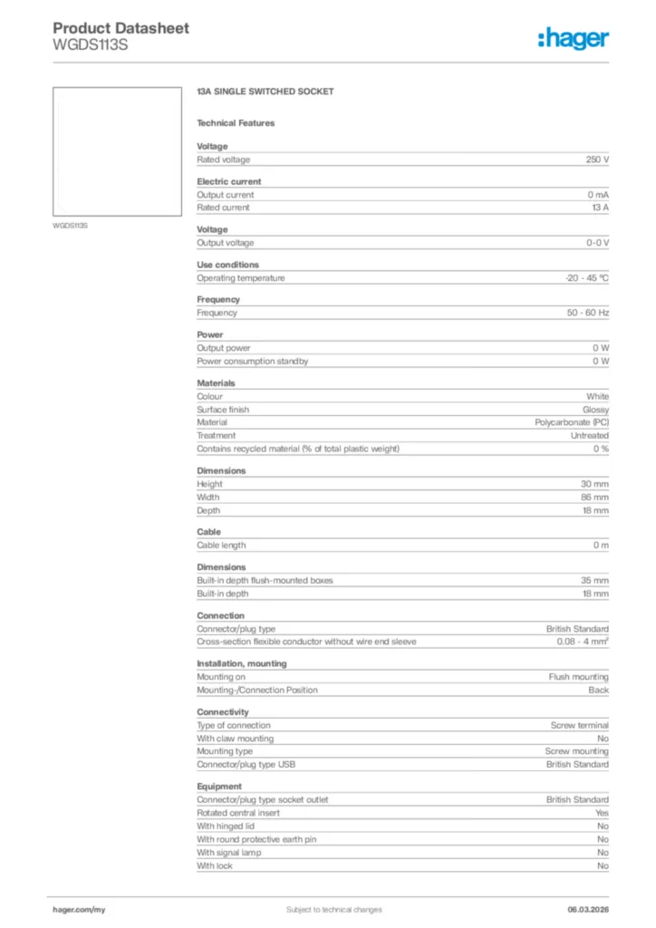 Image Hager Product data sheet WGDS113S  | Hager