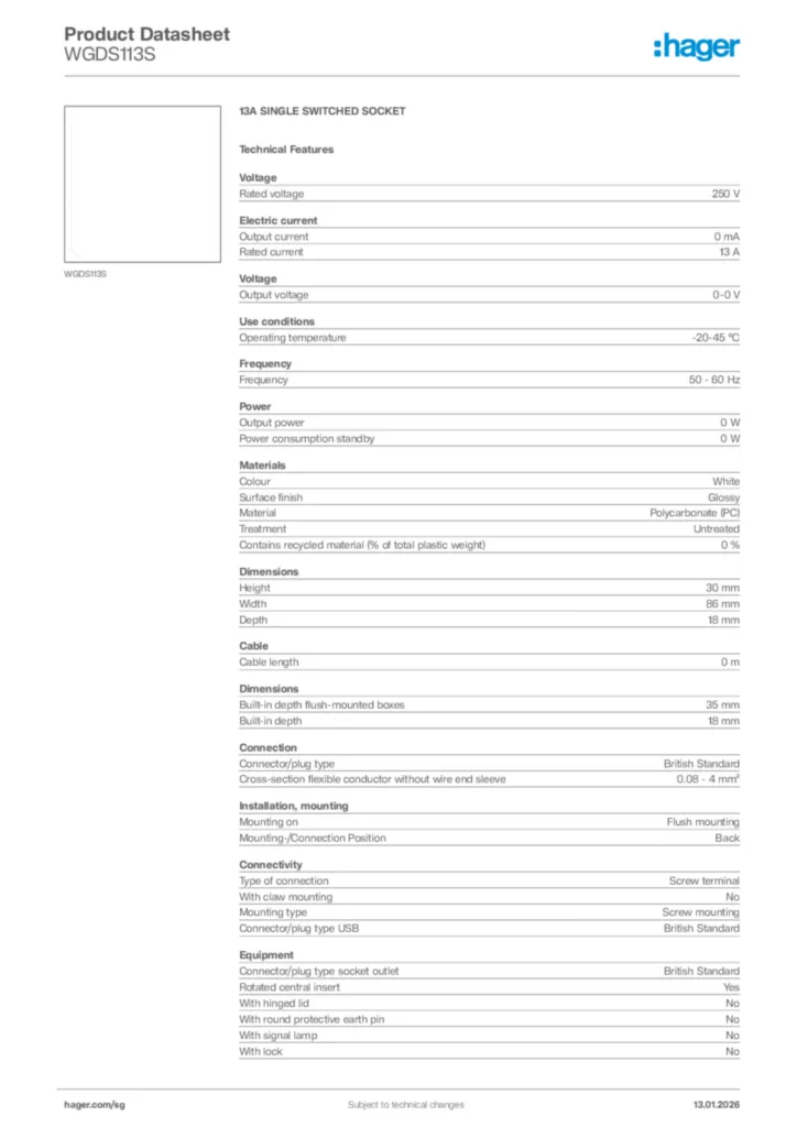 Image Hager Product data sheet WGDS113S  | Hager