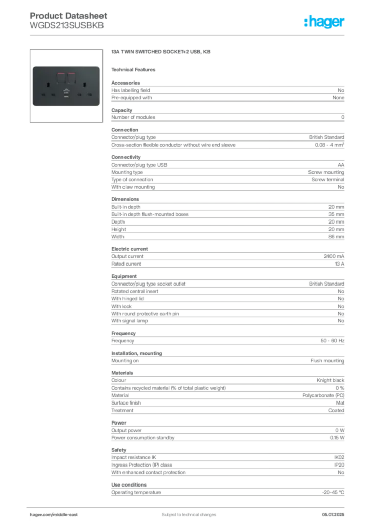 Image Hager Product data sheet WGDS213SUSBKB  | Hager